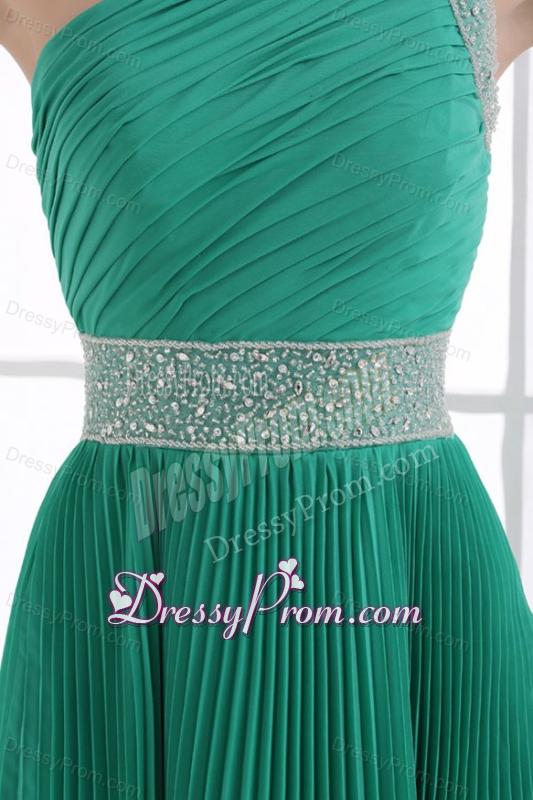 One Shoulder Green Empire Ankle-length Beading and Pleats Prom Dress