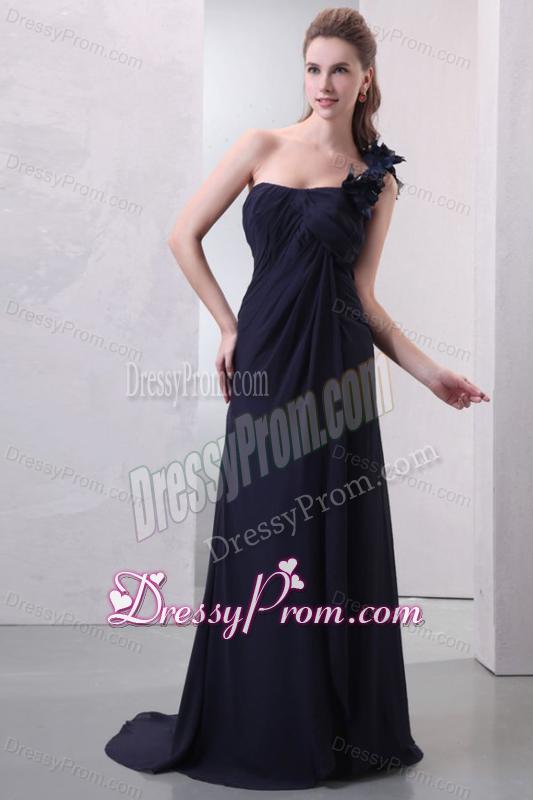 One Shoulder Hand Made Flowers Chiffon Navy Blue Prom Dress