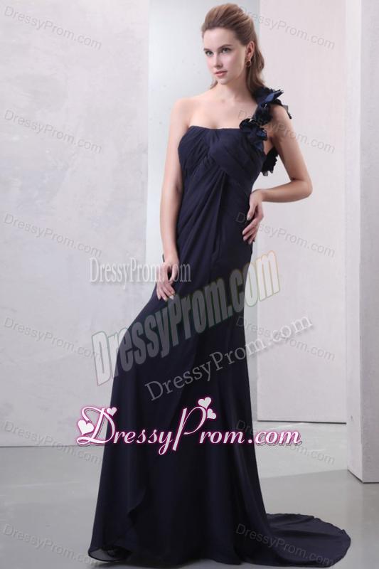 One Shoulder Hand Made Flowers Chiffon Navy Blue Prom Dress