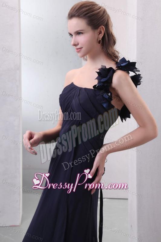 One Shoulder Hand Made Flowers Chiffon Navy Blue Prom Dress