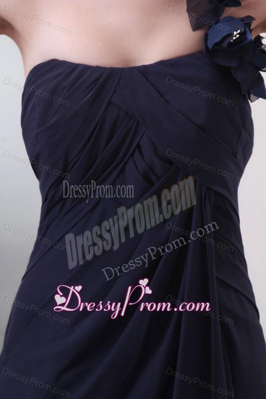 One Shoulder Hand Made Flowers Chiffon Navy Blue Prom Dress