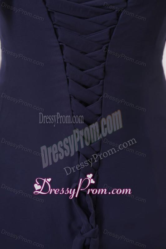 One Shoulder Hand Made Flowers Chiffon Navy Blue Prom Dress