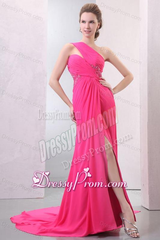 One Shoulder Hot Pink Chiffon Appliques Watteau Train Prom Dress