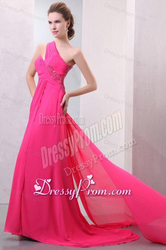 One Shoulder Hot Pink Chiffon Appliques Watteau Train Prom Dress