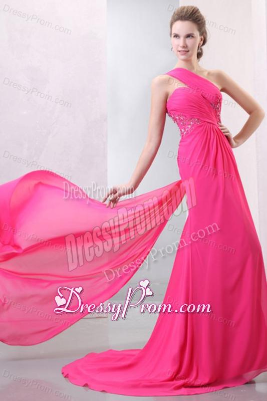 One Shoulder Hot Pink Chiffon Appliques Watteau Train Prom Dress
