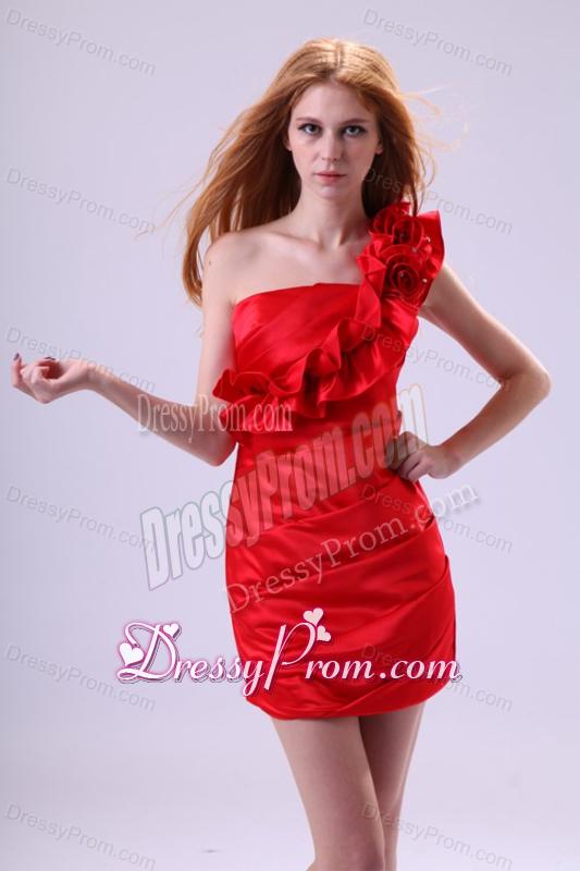 One Shoulder Red Prom Dress with Flowers Mini-length
