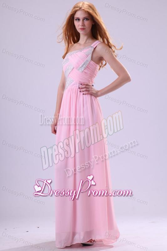 Pretty Empire One Shoulder Floor-length Pink Beading Chiffon Prom Dress