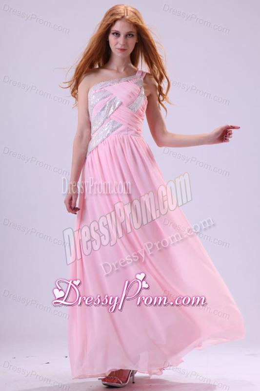 Pretty Empire One Shoulder Floor-length Pink Beading Chiffon Prom Dress