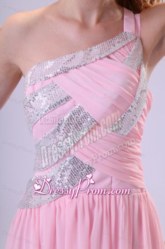 Pretty Empire One Shoulder Floor-length Pink Beading Chiffon Prom Dress