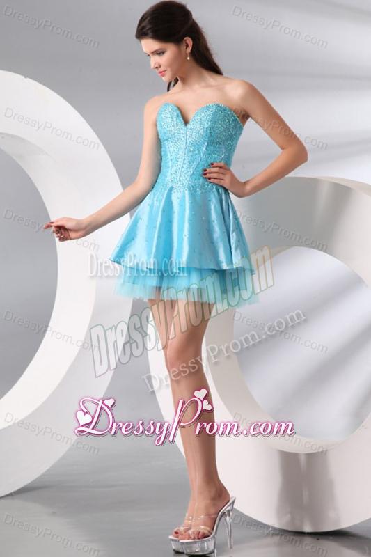 Princess Light Blue Sweetheart Mini-length Beading Prom Dress
