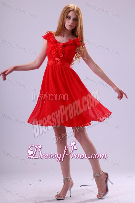 Red A-line V-neck Prom Dress with Flowers Knee-length