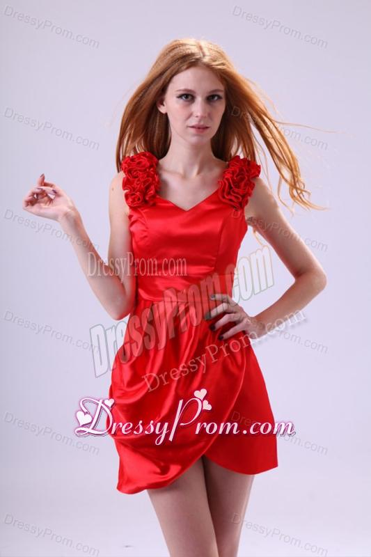 Red Column V-neck Flowers Short Prom Dress with Mini-length