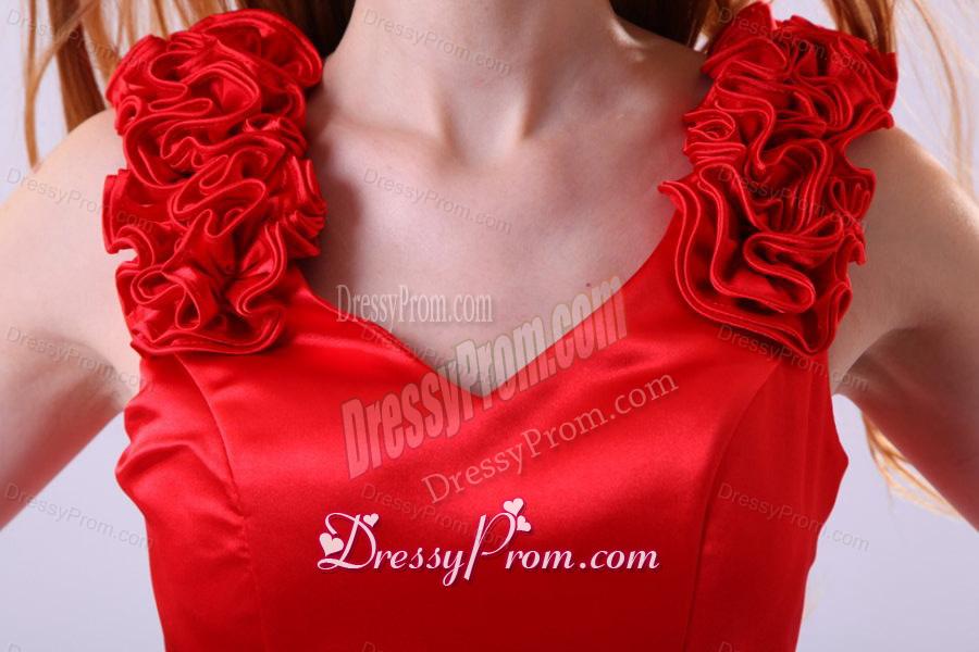 Red Column V-neck Flowers Short Prom Dress with Mini-length