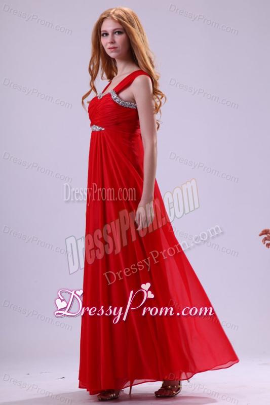 Red Empire Beading Straps Ankle-length Chiffon Prom Dress