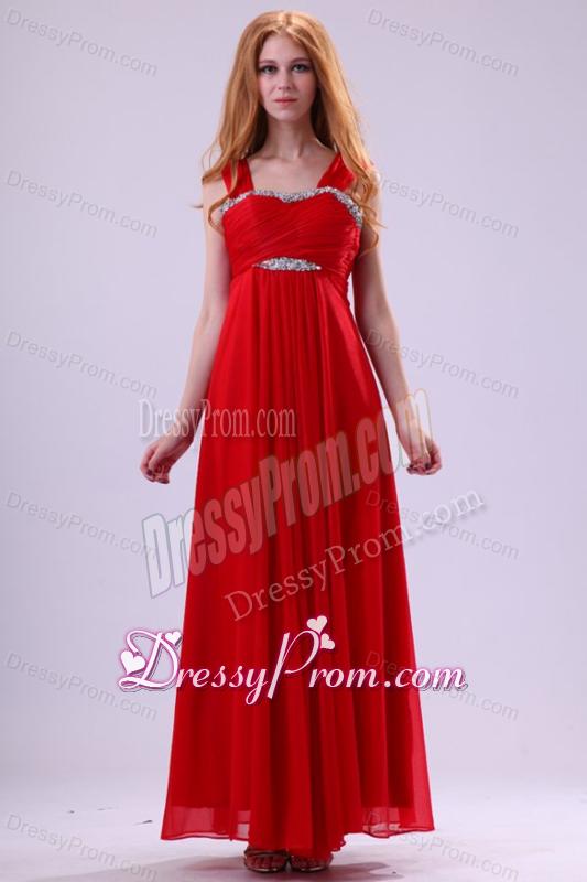 Red Empire Beading Straps Ankle-length Chiffon Prom Dress