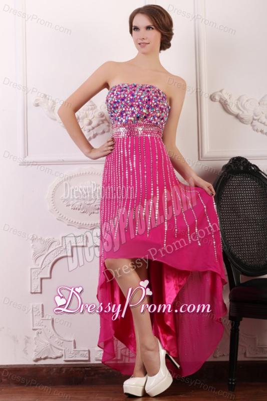 Rhinestone and Beading Strapless High-low Chiffon Hot Pink Prom Dress