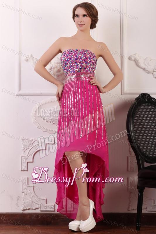 Rhinestone and Beading Strapless High-low Chiffon Hot Pink Prom Dress
