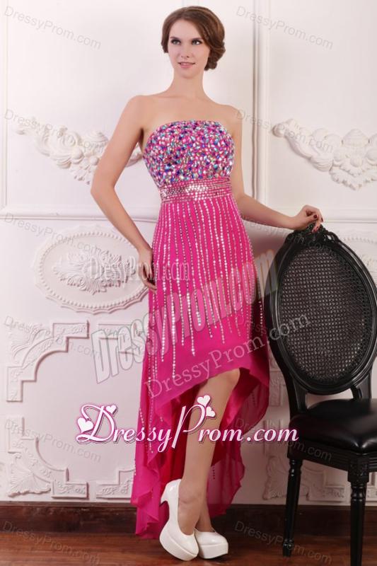 Rhinestone and Beading Strapless High-low Chiffon Hot Pink Prom Dress