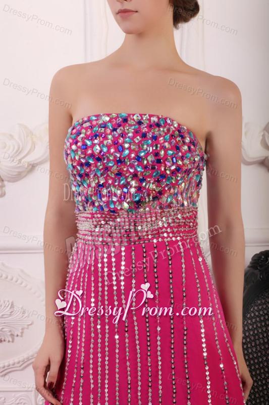 Rhinestone and Beading Strapless High-low Chiffon Hot Pink Prom Dress
