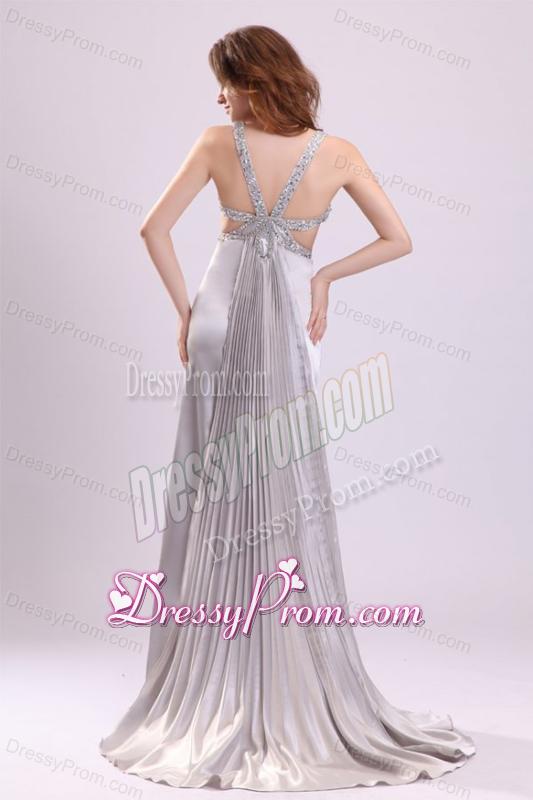 Sexy Column V neck Grey Watteau Train Beading Elastic Woven Satin Prom Dress