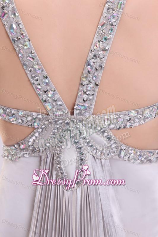 Sexy Column V neck Grey Watteau Train Beading Elastic Woven Satin Prom Dress