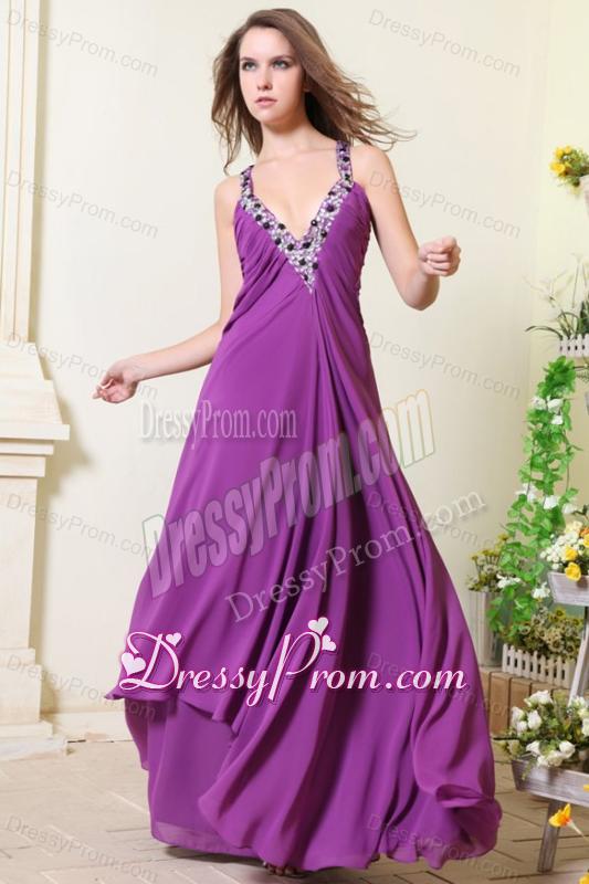 Sexy V-neck Empire Chiffon Beaded Decorate Prom Dress in Purple