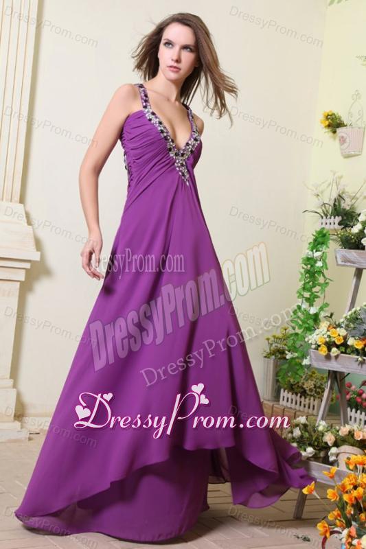 Sexy V-neck Empire Chiffon Beaded Decorate Prom Dress in Purple