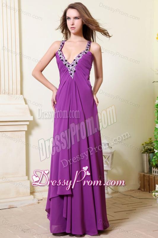 Sexy V-neck Empire Chiffon Beaded Decorate Prom Dress in Purple