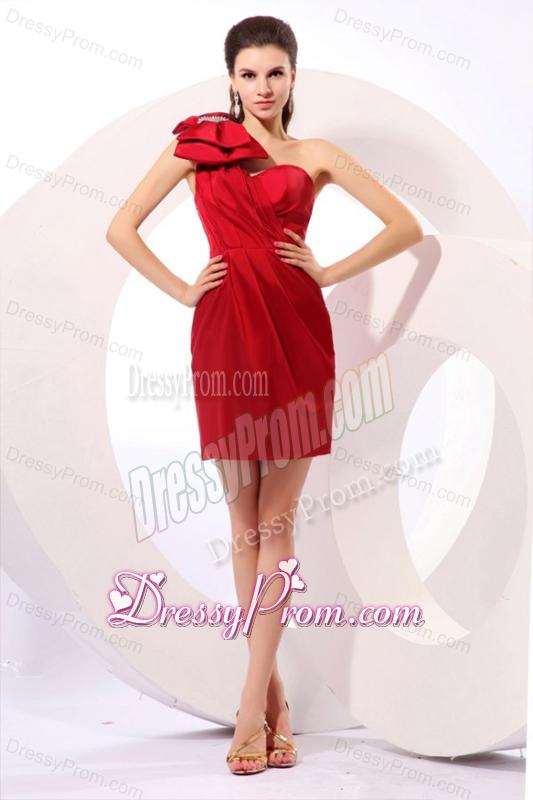 Simple Column One Shoulder Mini-length Bowknot Taffeta Red Prom Dress