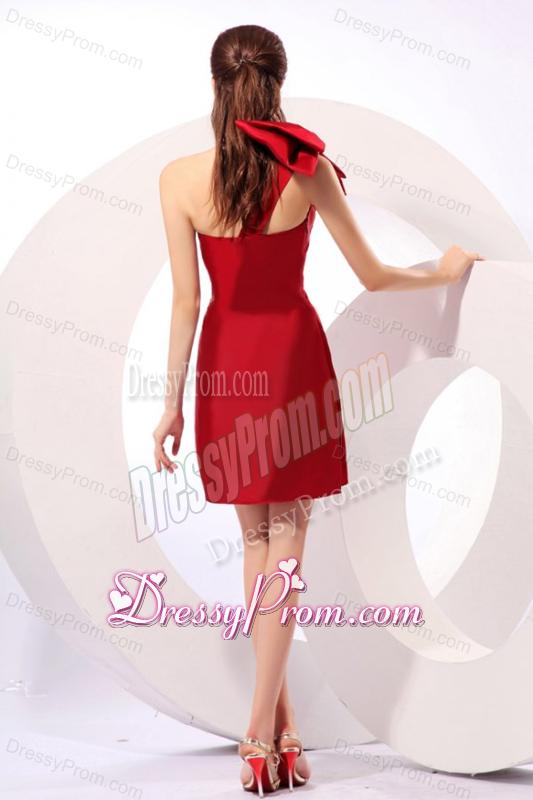 Simple Column One Shoulder Mini-length Bowknot Taffeta Red Prom Dress