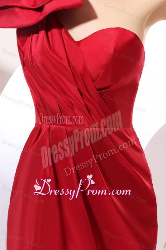 Simple Column One Shoulder Mini-length Bowknot Taffeta Red Prom Dress
