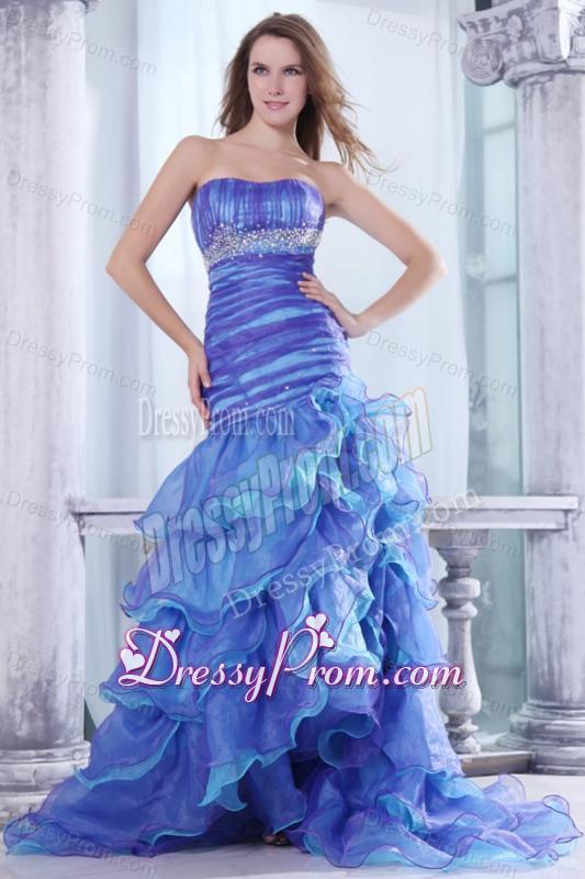 Strapless Beading and Ruffles Layered Mermaid Purple and Blue Prom Dress