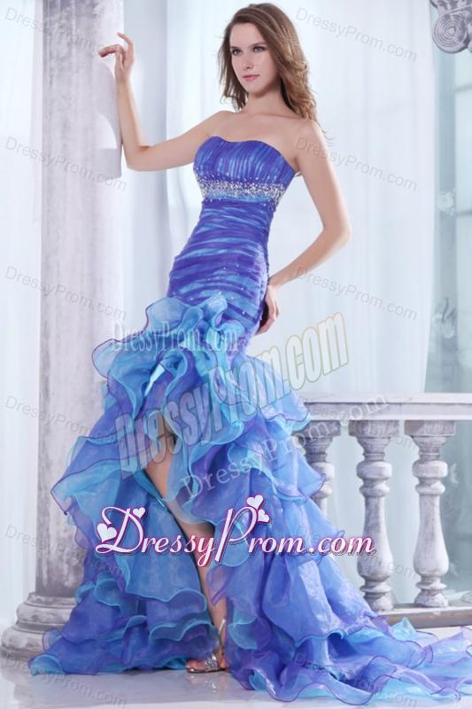 Strapless Beading and Ruffles Layered Mermaid Purple and Blue Prom Dress