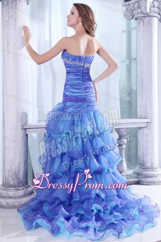 Strapless Beading and Ruffles Layered Mermaid Purple and Blue Prom Dress