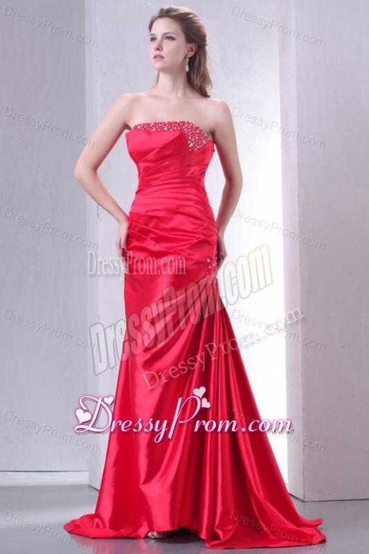 Strapless Coral Red A-line Sweep Train Beaded Decorate Prom Dress