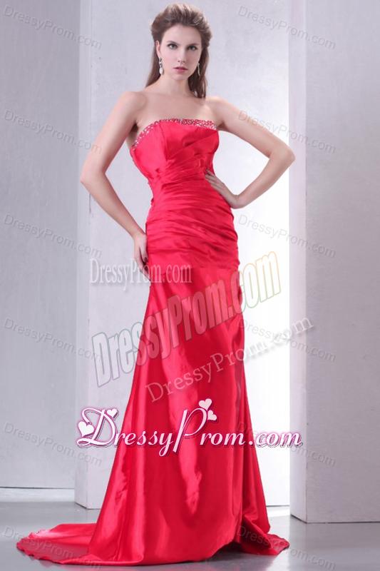 Strapless Coral Red A-line Sweep Train Beaded Decorate Prom Dress