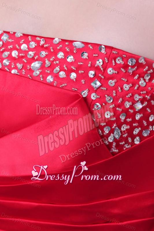 Strapless Coral Red A-line Sweep Train Beaded Decorate Prom Dress