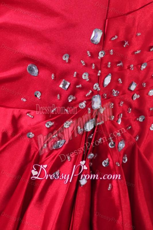 Strapless Coral Red A-line Sweep Train Beaded Decorate Prom Dress