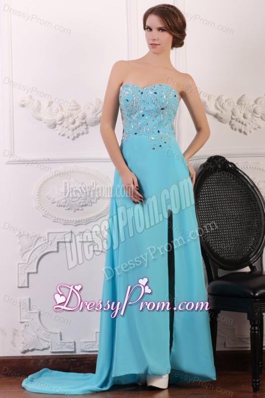 Sweetheart Beading and High Silt Chiffon Aqua Blue Prom Dress