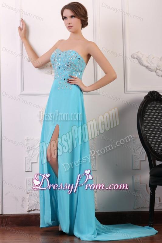 Sweetheart Beading and High Silt Chiffon Aqua Blue Prom Dress
