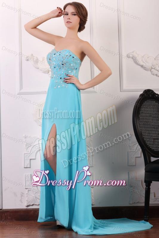 Sweetheart Beading and High Silt Chiffon Aqua Blue Prom Dress
