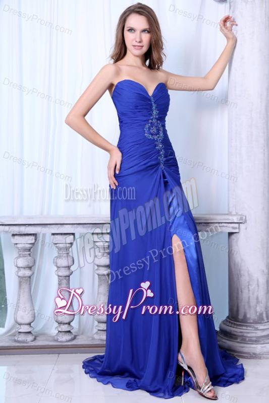 Sweetheart Column Beading and High Silt Chiffon Blue Prom Dress