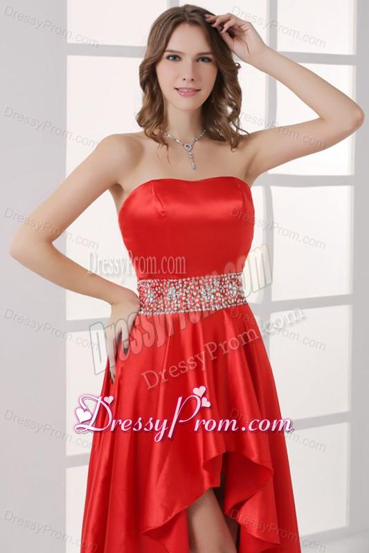 Sweetheart High-low Red Empire Beaded Decorate Waist Prom Dress