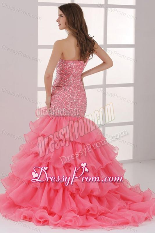 Watermelon Sweetheart Mermaid Beading and Ruffles Layered Prom Dress