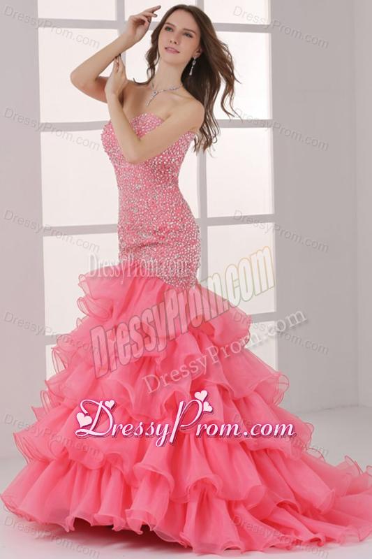 Watermelon Sweetheart Mermaid Beading and Ruffles Layered Prom Dress