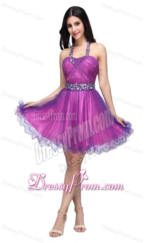 A-line Halter Top Beading and Ruching Knee-length Purple Prom Dress