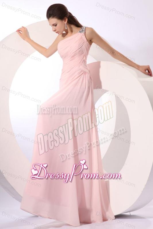 Baby Pink Empire One Shoulder Beaded Prom Dress with Ruches