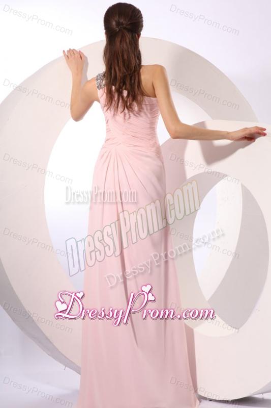 Baby Pink Empire One Shoulder Beaded Prom Dress with Ruches
