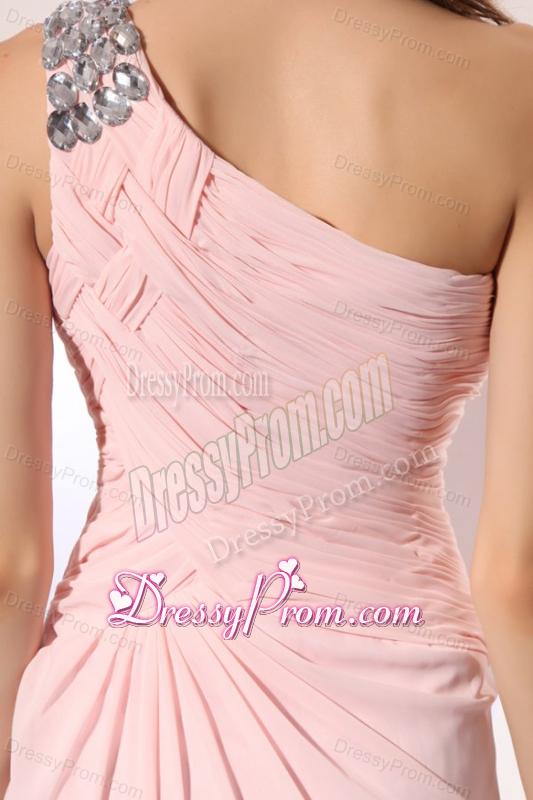 Baby Pink Empire One Shoulder Beaded Prom Dress with Ruches