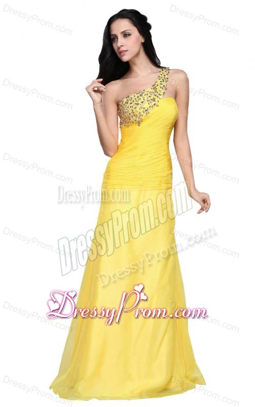 Column One Shoulder Light Yellow Beading Ruching Chiffon Prom Dress